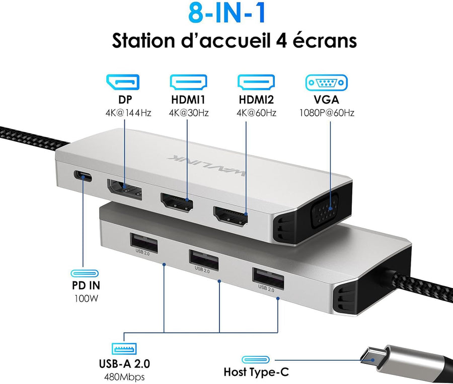 Station d'accueil USB C pour ordinateur portable, quatre moniteurs avec double HDMI, DP, VGA, PD 100 W, 3 ports USB 2.0 pour appareil sans fil, compatible avec Lenovo, HP, Dell, Windows System