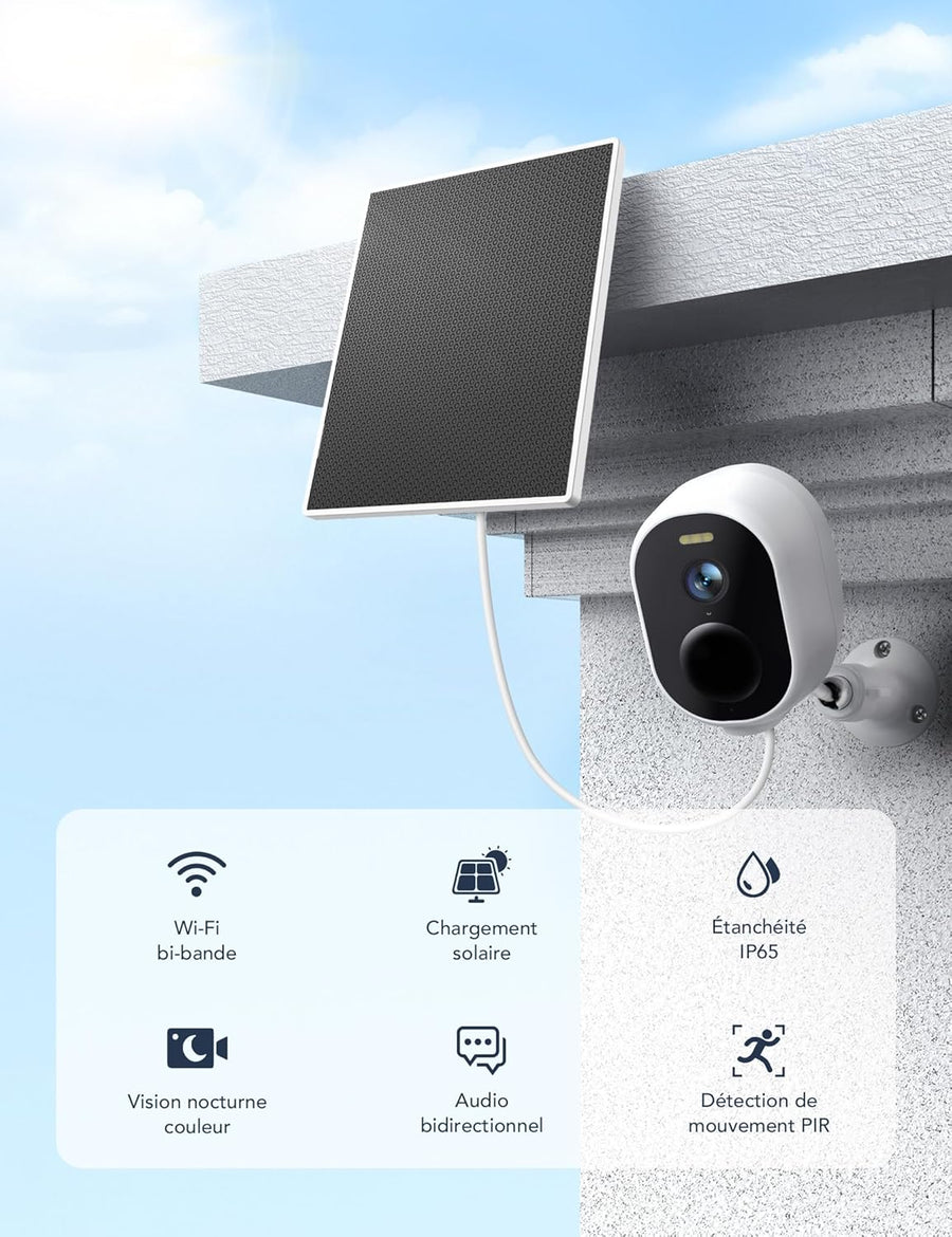 Camera 2K Exterieur WiFi sans Fil Solaire sur Vision Nocturne Couleur | 5G/2.4GHz, Détection Humaine AI, Détection de Mouvement, Audio Bidirectionnel, SD/Cloud, Sirène, IP65