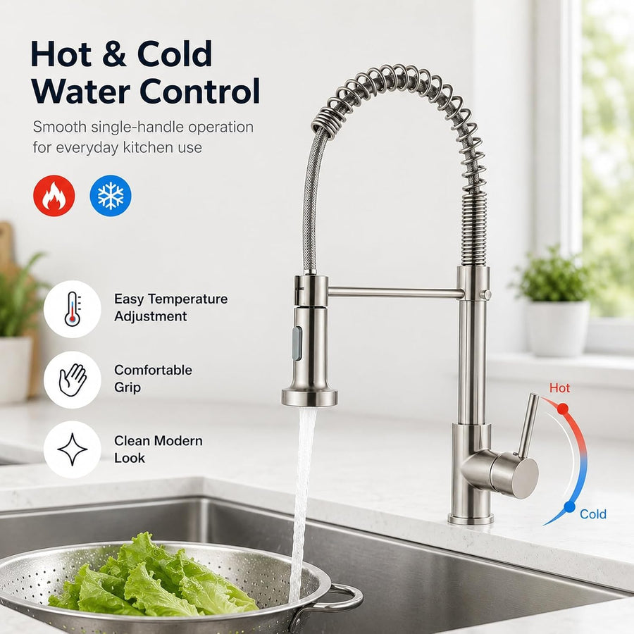 Robinet de cuisine extractible haute pression, mitigeur 360° avec douchette et tuyau à ressort, robinet d’évier en acier inoxydable pour évier et casseroles