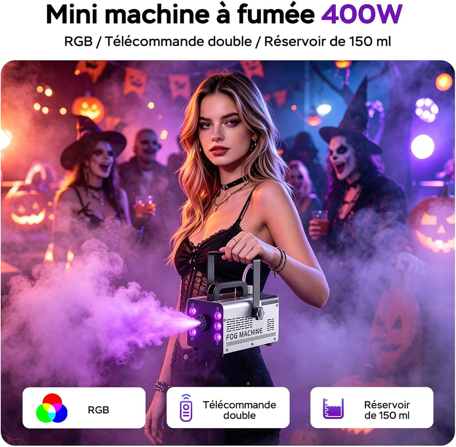 Machine à Fumée Mini Machine à Brouillard avec 6 LED Lumières Contrôlables en Couleur, 400 W avec télécommande, DJ Mariage Halloween Fête et Spectacle Noël Contrôle double mode