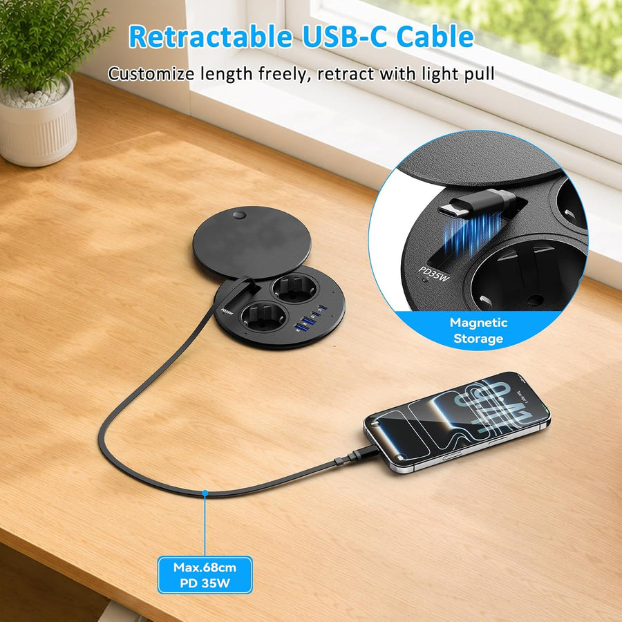 Multiprise Encastrable avec Câble USB-C Rétractable PD 35W, Noir | Prise Encastrable Plan de Travail, 2 USB-C, 2 USB-A, 1,8M Câble, Bloc Prise Escamotable avec Couvercle, Découpe Ø100 mm
