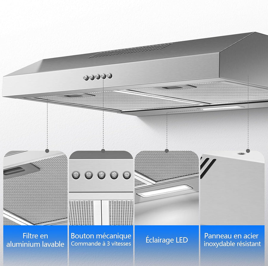 Hotte Aspirante 60 cm Encastrable, 250 m³/h Hotte de Cuisine Slim, 3 Vitesses, Classe A+, LED, Inox 430, Recyclage & Évacuation