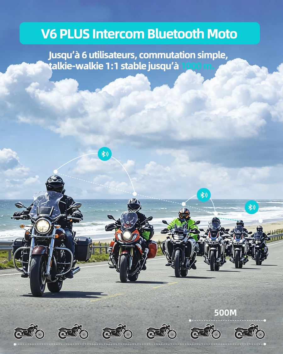 BLAISE V6 Plus Intercom Moto Bluetooth, Système de Communication Casque, 2 Voies pour 2 Motards & Jusqu’à 6 Appairés, Portée 1000 m, Bluetooth 5.3, Réduction de Bruit, Partage de Musique,Unique Pack