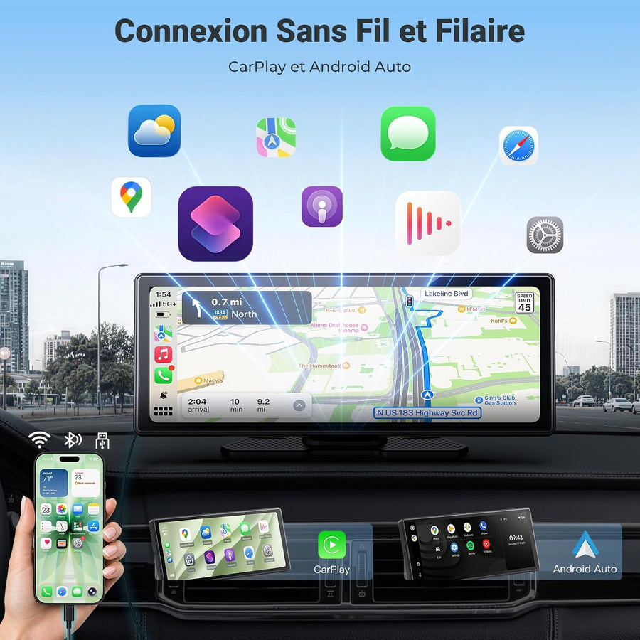 Écran CarPlay sans Fil 10,26" pour Voiture, CarPlay & Android Auto Compatible Avec les Commandes au Volant, Mirror Link et AirPlay,Bluetooth, l'Égaliseur, la Commande Vocale,l'Entrée AUX/FM