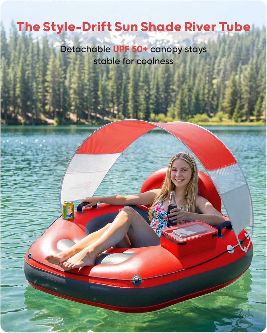 Tube de rivière gonflable de 116,8 cm avec auvent pare-soleil amovible, tube flottant robuste pour adultes, repose-jambes et dossier ergonomiques, sac imperméable et porte-gobelets ROUGE