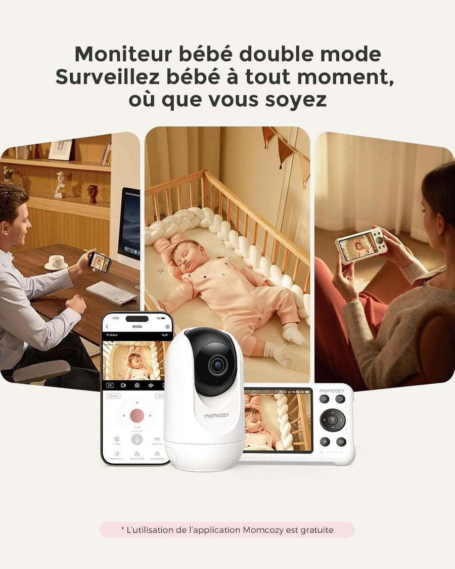 Babyphone Caméra BM04 | Écran 5 Pouces, avec ou sans WiFi | Livré avec 1 Caméra, Vision Nocturne 1080p, Portée 290 m, Autonomie 20h, Détection Pleurs et Mouvement