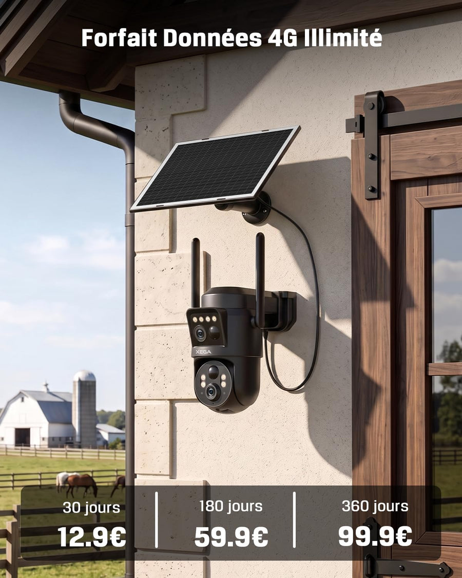 Caméra Solaire 4G LTE Double Objectif avec Carte SIM Extérieure 8W Panneau Solaire, Batterie 12000mAh, Résolution 1080P, Détection Humaine PIR, Vision Nocturne Couleur, Audio Bidirectionnel