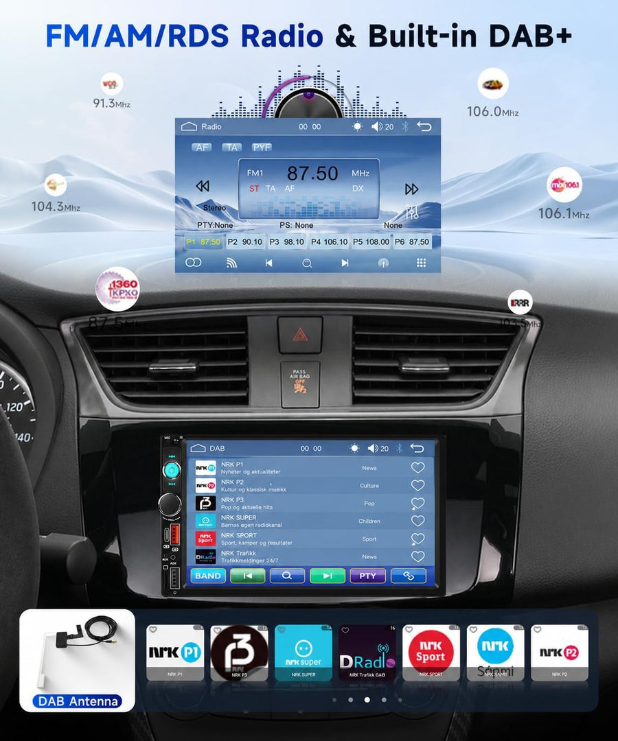 Autoradio Dab+/Dab 2 din Carplay sans Fil Android Auto avec Écran de 7 Pouces, Poste Radio Voiture Bluetooth Ecran Tactile avec Sortie Vidéo/RDS/FM/USB/AUX/TF+Caméra de Recul