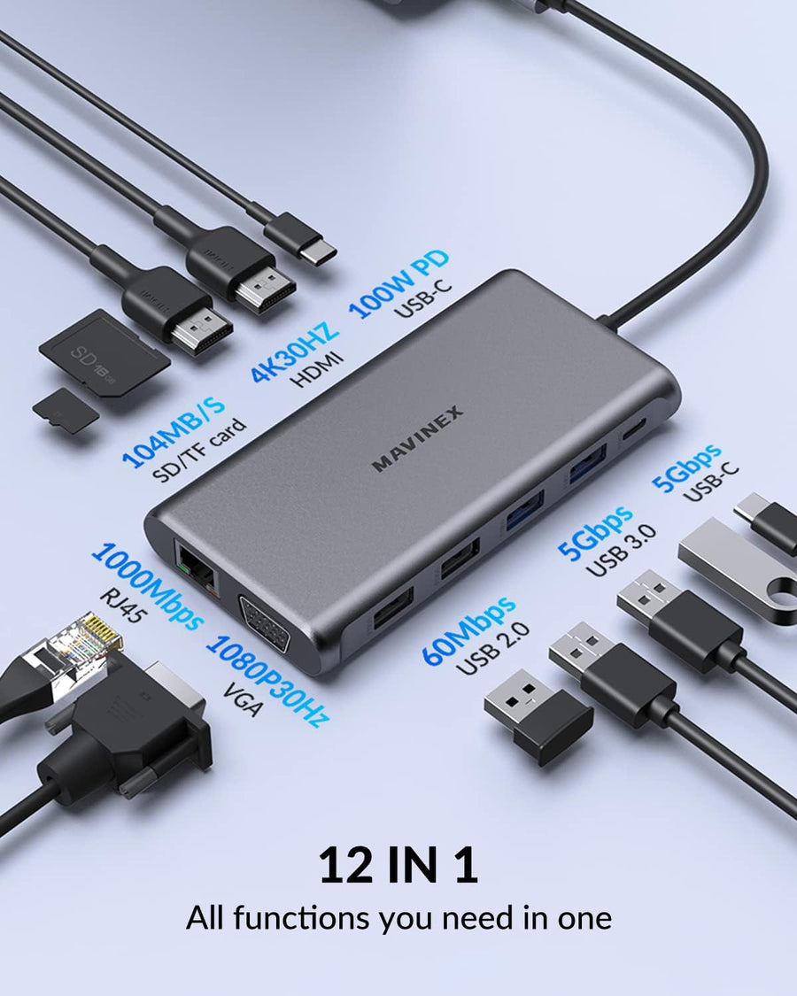 Hub USB C 12 en 1, MAVINEX Adaptateur USB C Multiport à Triple Affichage avec PD 100W, Double HDMI 4K et VGA 1080P, Ethernet RJ45, USB-C et 4 Ports de données USB-A, Lecture Carte SD/TF