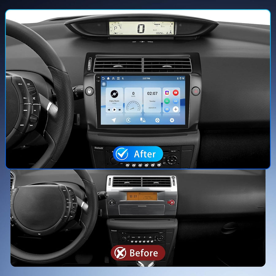 Autoradio 4+64G pour Citroën C4 (2004-2010), Android 15 stéréo de Voiture avec écran Tactile in-Cell 9 Pouces 720 * 1280P, Compatible CarPlay et Android Auto, FM, Bluetooth, WiFi