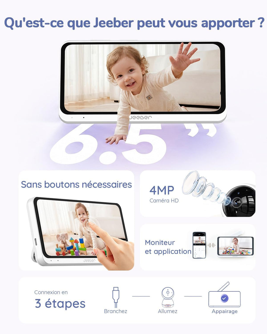 Écran Tactile 6.5" & Écran partagé, WiFi Babyphone Caméra, App, 360° Zoom à deux doigts & Zoom 5X, 4MP, HDR Vision Nocturne, Audio bidirectionnel, Détection des pleurs & température