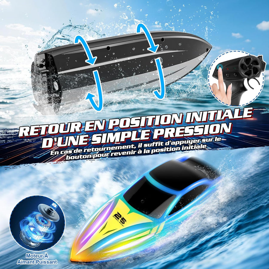 Bateau Télécommandé, 15km/h Bateau RC avec 7 Modes Lumières LED, 2.4GHZ Bateau Telecommandé Enfant pour Piscine et Lacs, Speedboat De Course RC autonomie 120 Minutes