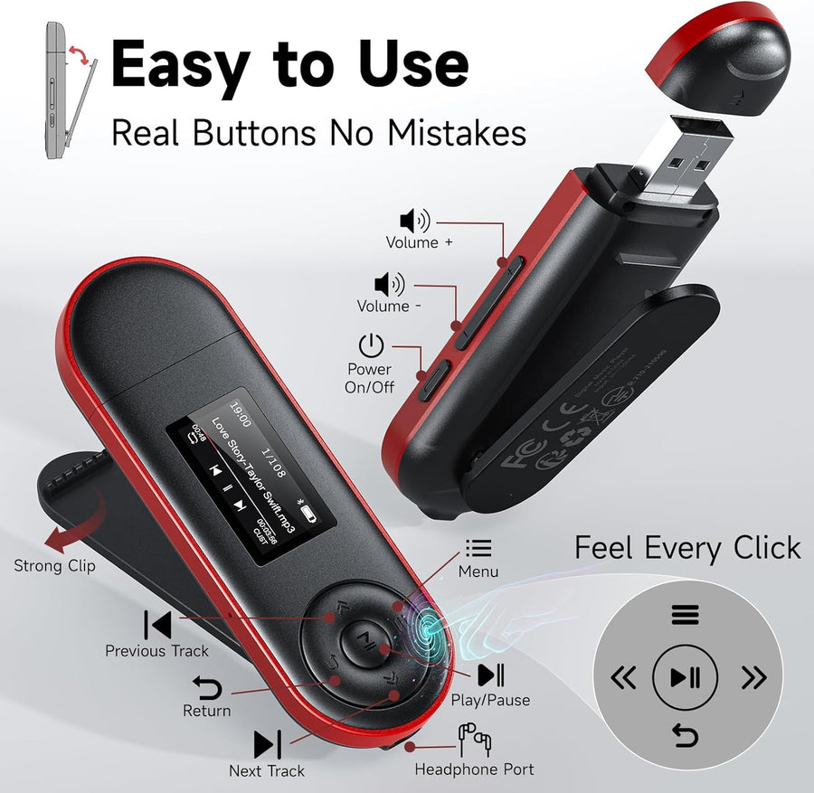 Lecteur MP3 64Go Bluetooth 5.3, Clé USB Plug & Play, Ultra-léger 28g, Boutons Physiques pour Utilisation à l'aveugle, Clip Sport pour Course à Pied, Lecture par Dossier, Radio FM, Enregistreur Vocal