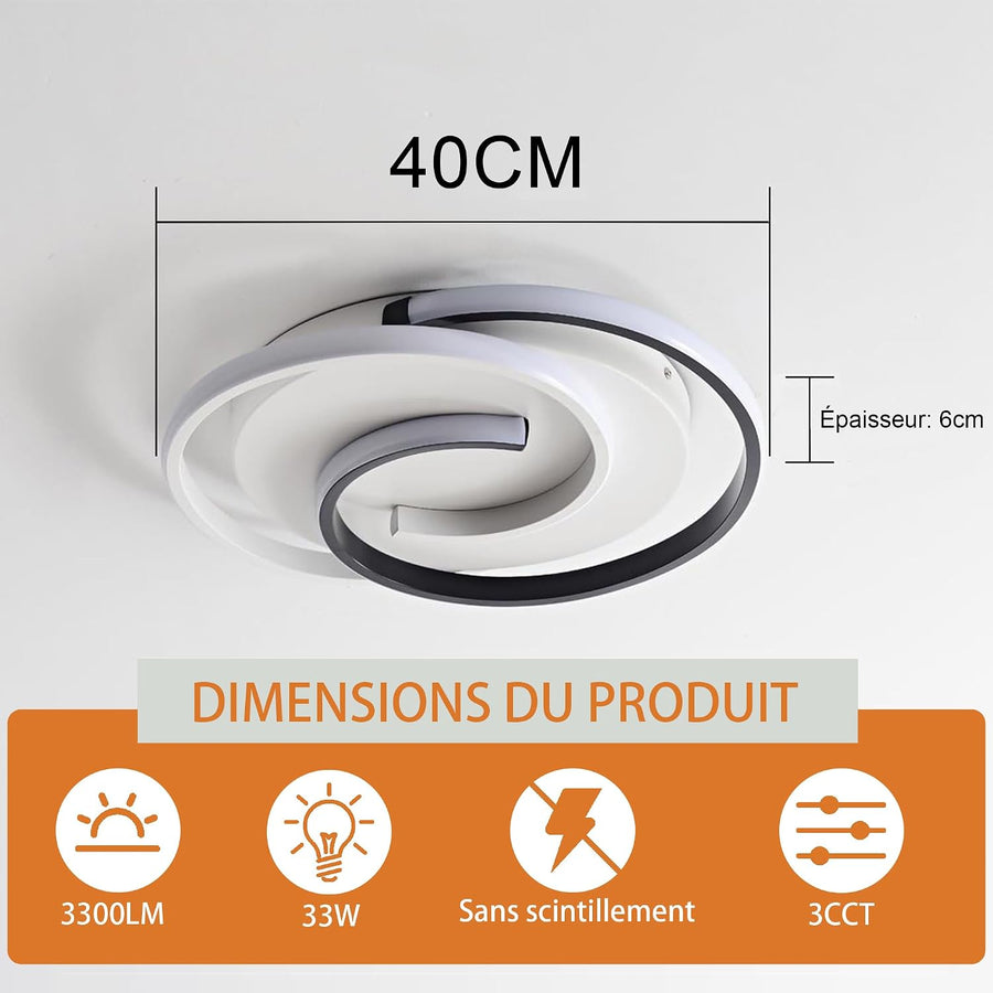 Plafonnier LED Moderne 3000K/4000K/6000K - Lampe Cercle 2 Anneaux 33W pour Salon, Chambre, Bureau, Cuisine, Couloir, Longueur 40cm, Noir+Blanc