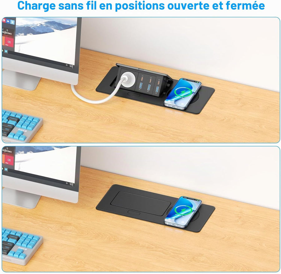 Alpheus Prise Encastrable Plan de Travail, Charge sans Fil 15W, USB-C1 30W 3 USB-C, 3 USB-A, 1 Prise Secteur, Câble 1,8m, pour Bureau, Table de Réunion, Plan de Travail et ilot de Cuisine,10A/2500W