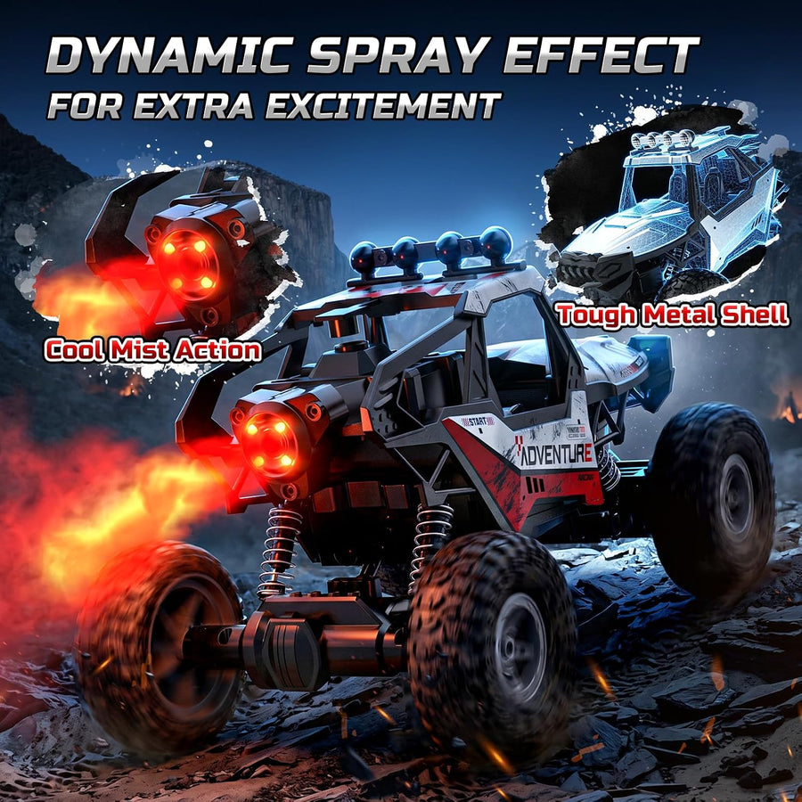 Voiture télécommandée 1:14 pour Enfants, Monster Truck Tout-Terrain 4x4 avec brumisateur, carrosserie en métal, lumières LED, fréquence 2,4 GHz