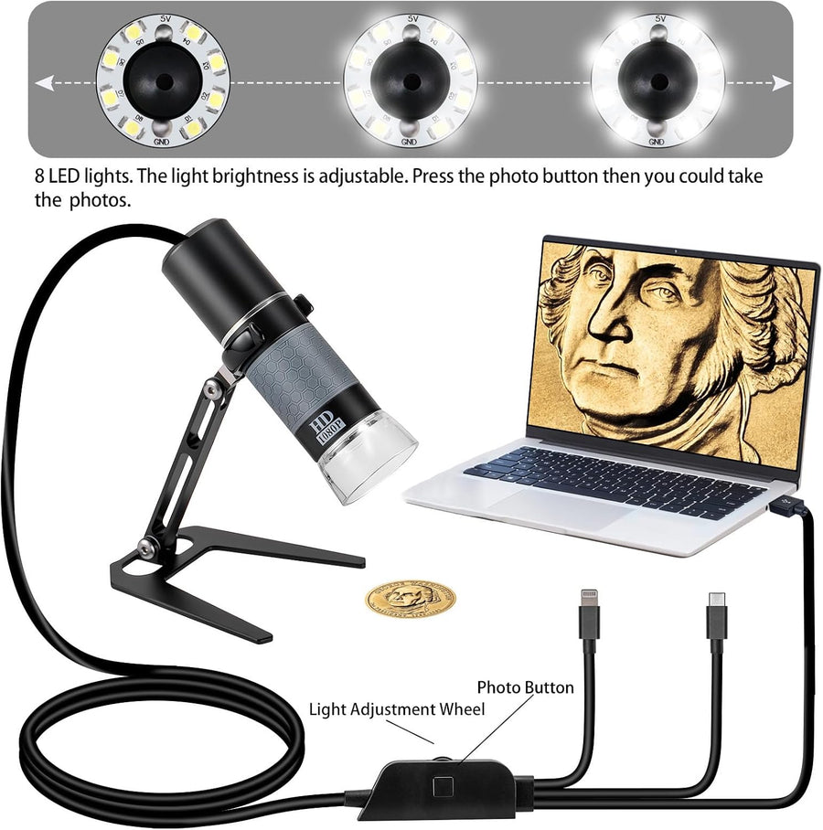 Microscope Numérique 1080P Mostanne, Grossissement 50-1000X, Microscope USB Portable avec Support Réglable, Compatible avec iPhone, Android, Mac et PC Windows