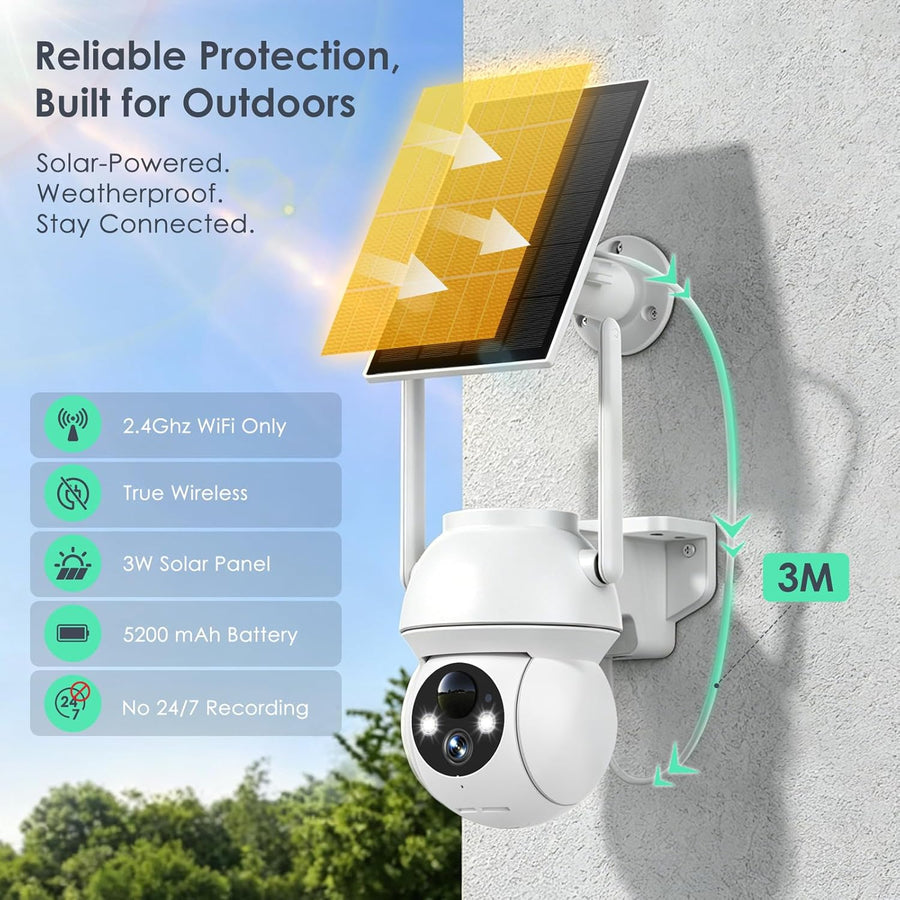 Caméras de sécurité solaires d'extérieur sans fil, caméra PTZ WiFi à 360° avec panneau solaire, vision nocturne couleur HD 1080p, détection humaine AI, audio bidirectionnel, étanchéité IP66