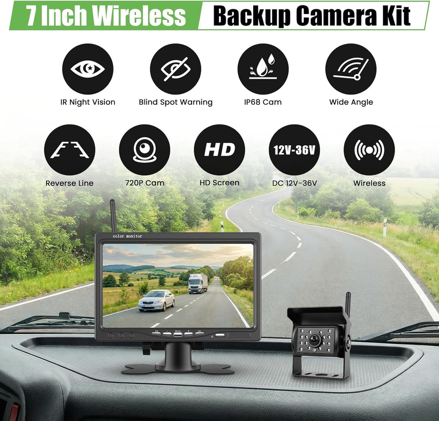 Caméra de Recul sans Fil, Moniteur 7", Caméra Arrière pour Vision Nocturne Infrarouge, Étanche IP68, BSD, Camera de Recul Kit pour Camion Camping Car Tracteur agricole, 12V-36V
