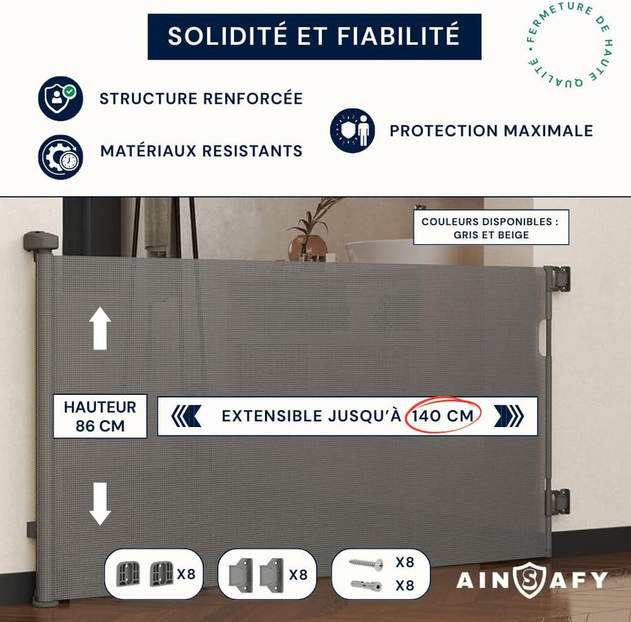 Barrière de Sécurité Enfant – Rétractable/Extensible 0-140 cm, Hauteur 86 cm – pour Enfants et Chiens, Escaliers, Portes et Couloirs – Utilisation Intérieur et Extérieur - Gris
