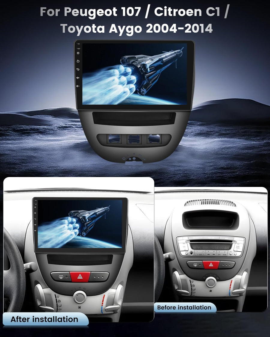 Autoradio 2+64 Go pour Peugeot 107 / Citroën C1 / Toyota Aygo (2004-2014). Compatible CarPlay, Android Auto, vidéo en ligne, navigation GPS et commandes au volant. 40 thèmes d'interface