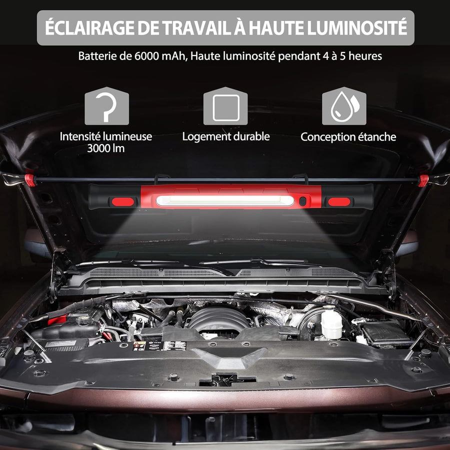 Lampe de Travail LED Rechargeable 6000 mAh 3000 LM Lampes d'Inspection avec Aimant et Crochet Lampe Pivotante pour Réparation Automobile avec 3 Modes de Luminosité