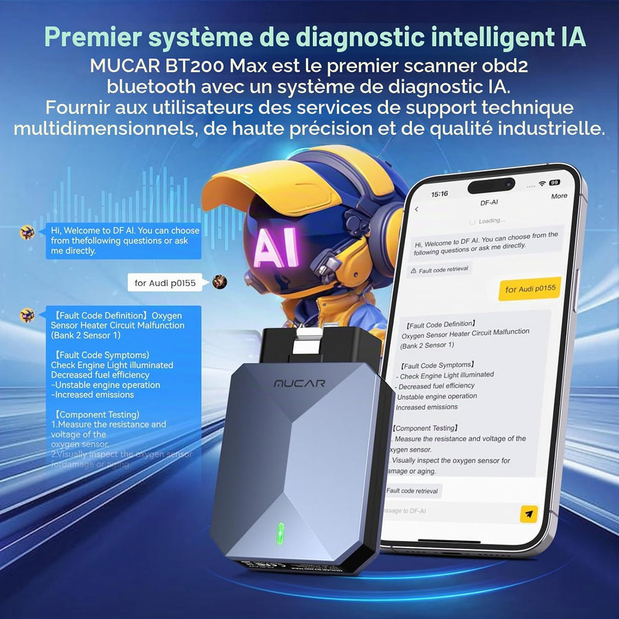 MUCAR BT200 Max AI Bluetooth, mises à Jour à Vie, Compatible ELM327, Outil de Diagnostic OBD2 Tous systèmes avec 15 réinitialisations pour iOS et Android, CANFD, authentification, FCA SGW