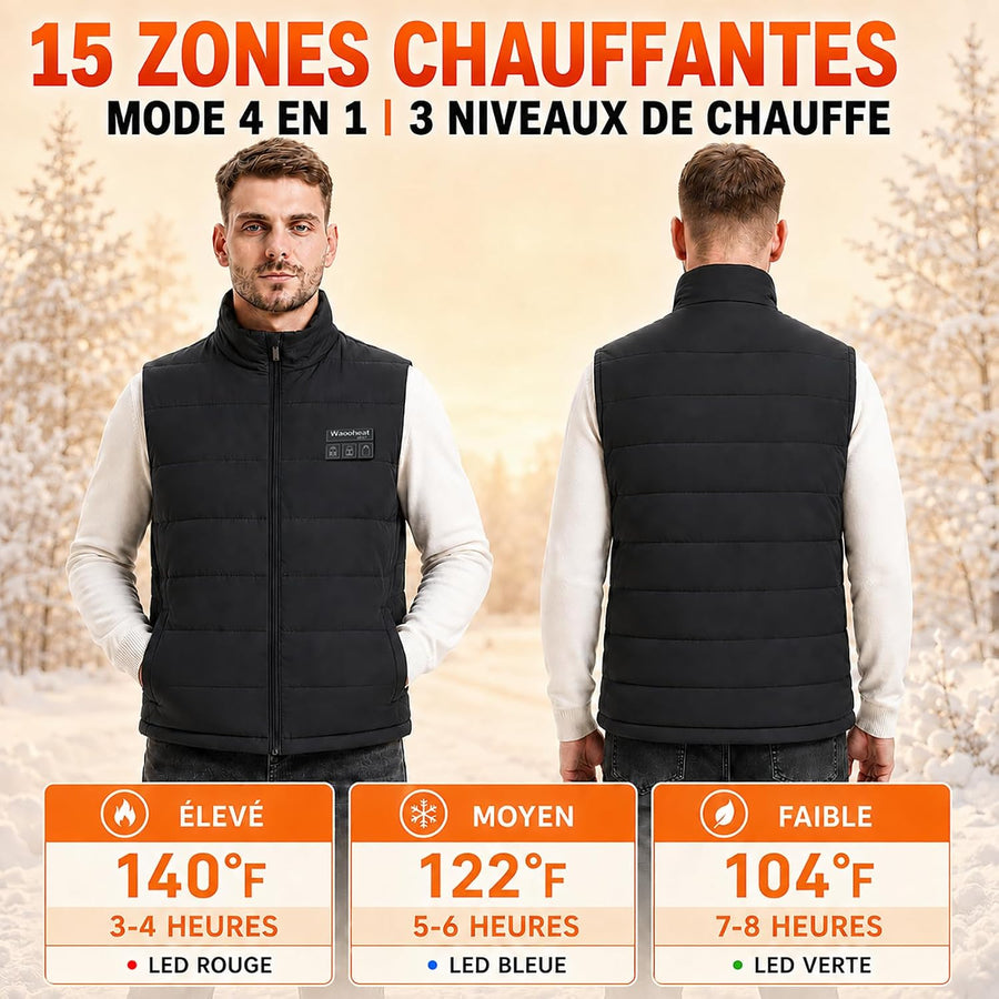 Gilet Chauffant Homme Taille L avec 15 Zones de Chauffage, 3 Niveaux de Température Réglables, Veste Chauffante Électrique pour Ski, Randonnée, Moto, Camping, Hiver (Sans Batterie)