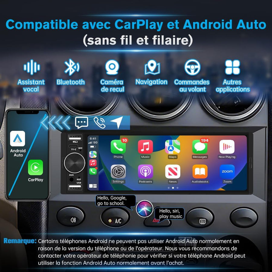Autoradio 1 DIN avec Écran Tactile 6,36", Compatible CarPlay & Android Auto, Bluetooth, GPS, FM, Charge Type-C, 2 USB, Microphone, Égaliseur, Commandes au Volant