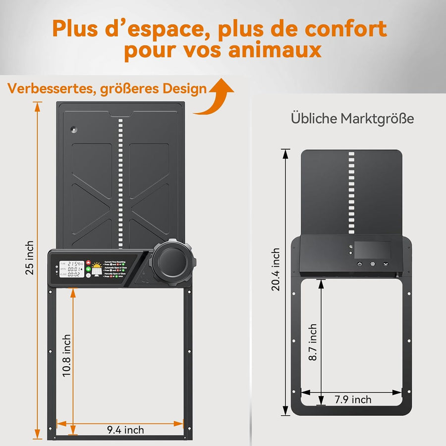 Grande Porte Automatique Poulailler Solaire, Porte Automatique Poulailler en Aluminium avec Minuterie, Télécommande, Fonction Anti-pincement, Écran LCD Étanche