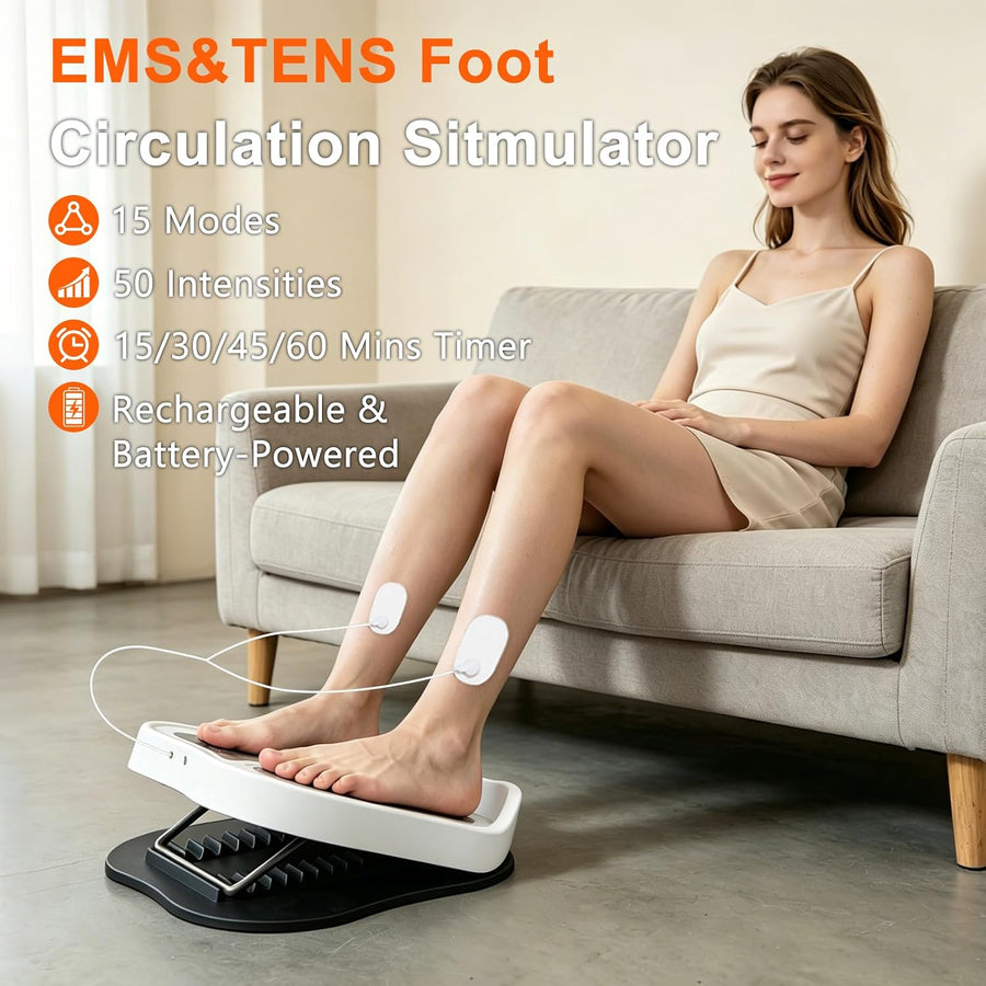 Stimulateur Circulatoire Électrique, Appareil de Massage Électrique avec EMS et TENS, avec 15 Modes & 50 Intensités et 2 Électrodes pour Soulager la Douleur et Favoriser la Circulation