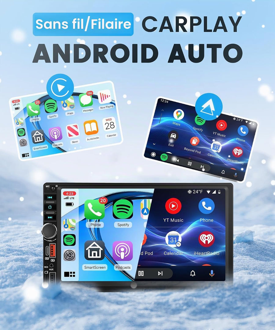 Carplay Autoradio 2 Din avec You-Tube Android Auto, 7 Pouces Écran Tactile Autoradio Double Din avec iOS/Android Mirror Link Bluetooth FM Radio USB/EQ/AUX Commande au Volant Caméra de Recul
