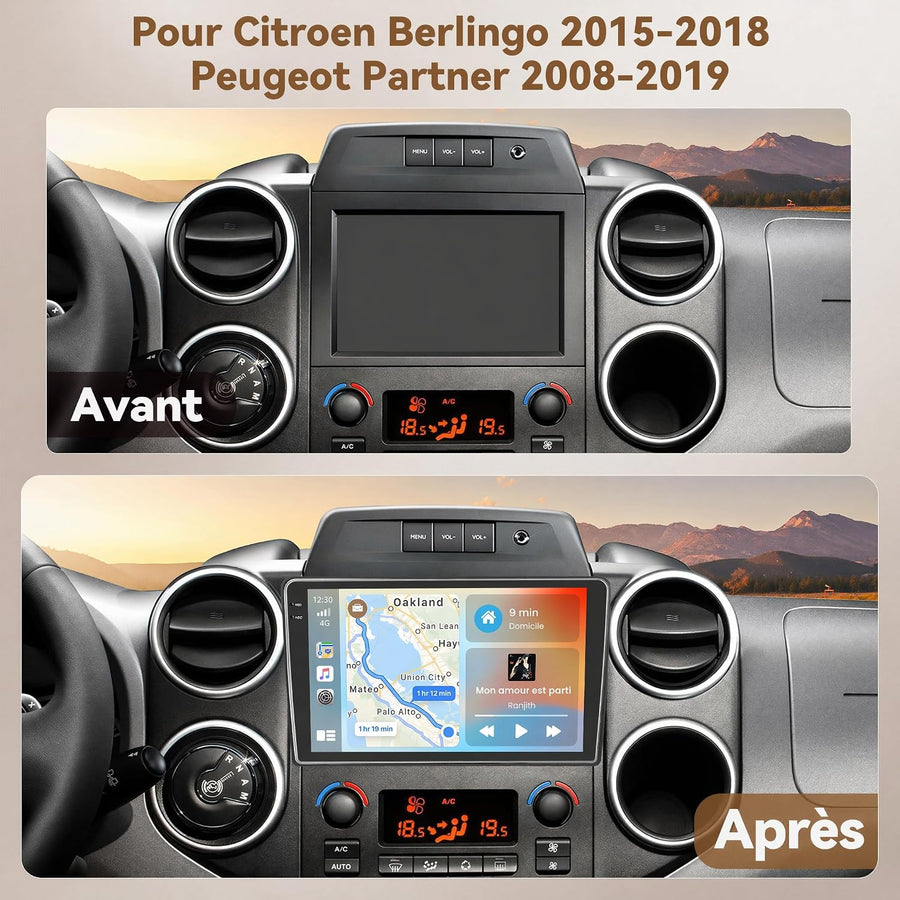 Autoradio 4+128GB Android 15 pour Citroen Berlingo 2008-2017/ Peugeot Partner 2008-2019, Écran Incell 9 Pouces HD, CarPlay sans Fil & Android Auto, GPS, Caméra de Recul et Micro Offerts