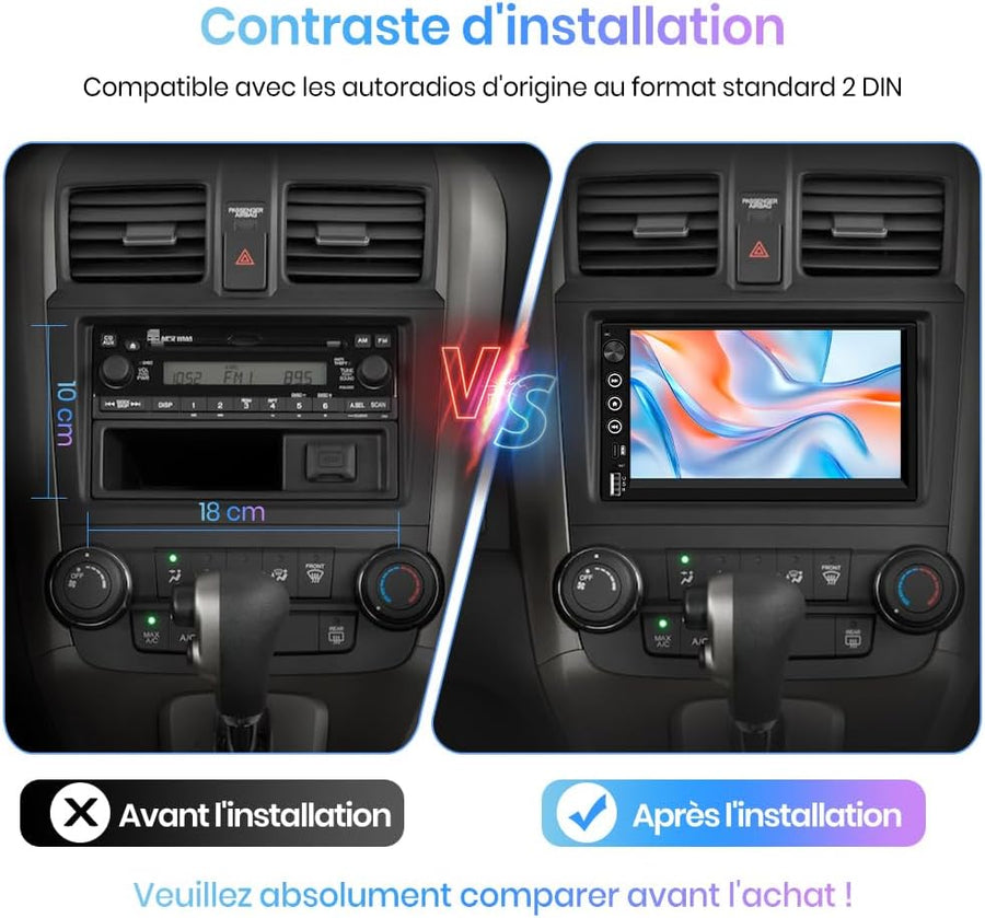 Autoradio 2 DIN Universel avec CarPlay & Android Auto sans Fil Bluetooth, GPS, FM, USB, Type-C, Commandes au Volant, Écran Tactile