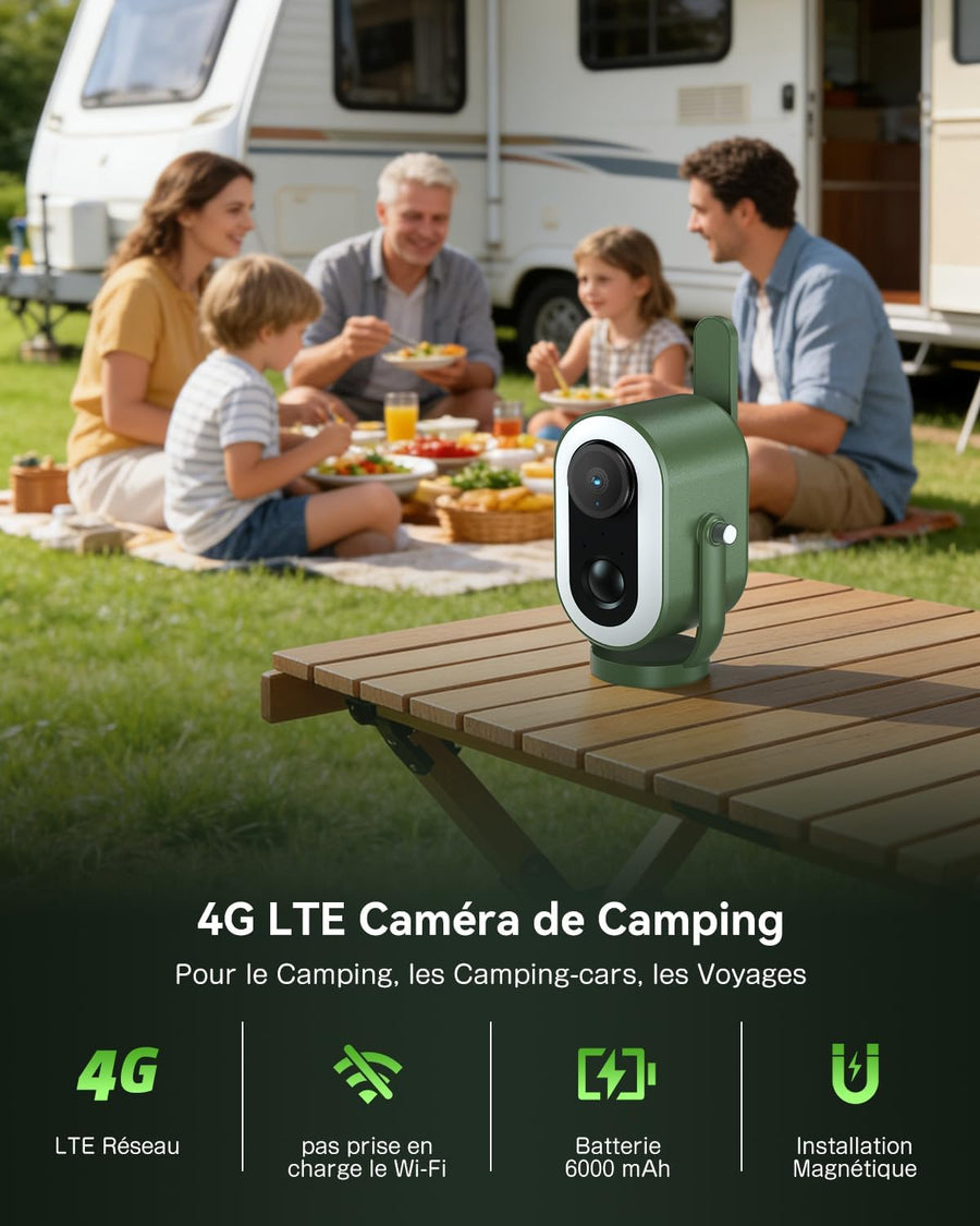 Caméra Surveillance 4G LTE Magnétique avec Carte SIM 2K HD 6,000mAh Batterie PIR Détection Humaine