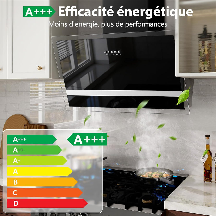 Hotte Aspirante 60cm, 400m³/h, A+++, Sans Balais, Évac/Recycl 3 vitesses mécaniques, Éclairage LED, noir mat/verre, filtre alu 3 couches, kit montage + tuyau alu 1,5 m inclus