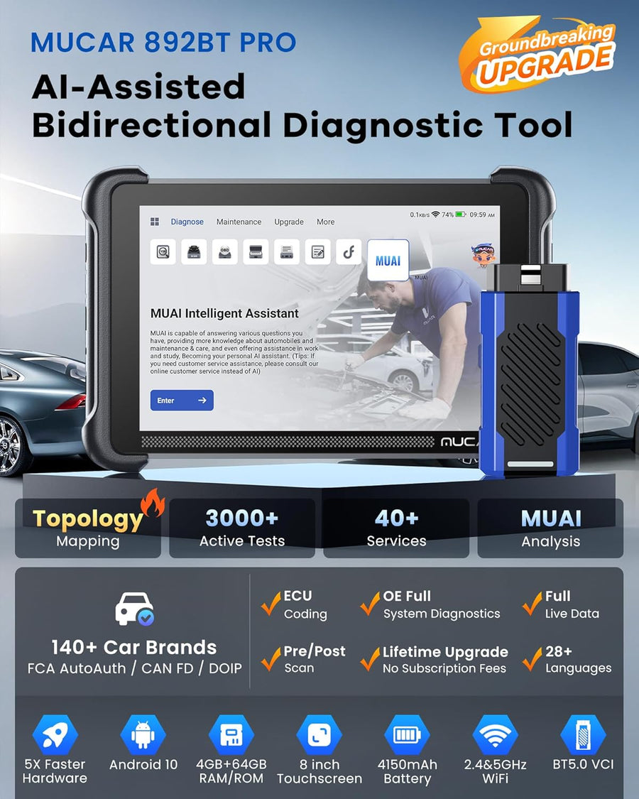 Scanner cartographie topologique, outil diagnostic IA 892BT PRO, 3 000 tests 40 services, codage ECU, authentification automatique FCA SGW, CANFD/DOIP, mises à jour gratuites à vie
