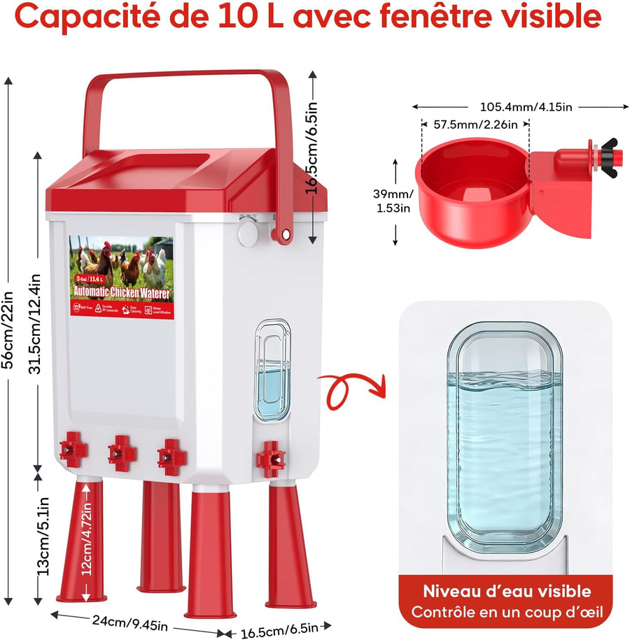 Abreuvoir Poules Automatique 10 litres avec Pieds, 8 Bols, Flotteur Filtré Contrôlé
