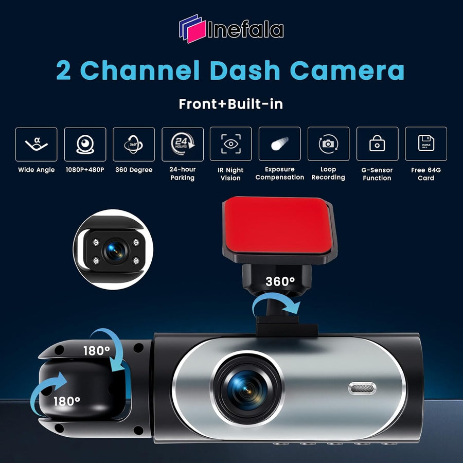 Dashcam Voiture Avant Intérieur avec Carte SD 64G, 1080P Dash Cam avec 3.16" Écran, Camera Voiture avec G-capteur, Vision Nocturne, Enregistrement en Boucle, Détection de Mouvement