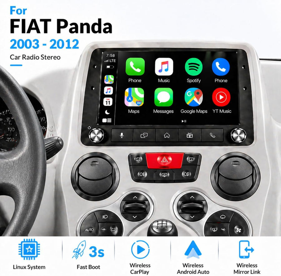 Fiat Panda 2003-2012 Autoradio 1 DIN CarPlay sans Fil Android Auto DSP RDS | Système Linux,démarrage rapide 2s,Plug&Play,Bluetooth,CANBUS,commandes volant,écran tactile IPS,caméra de recul compatible