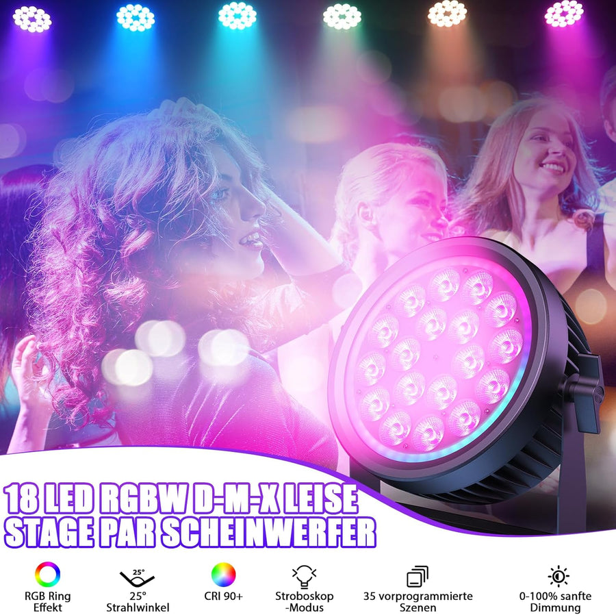 Projecteur LED DMX, 18x10W RGBW Silencieux Lumiere de Scene avec Anneau RGB, Jeux de Lumiere Eclairage avec Son Activé et Stroboscope, Lampe Disco pour Soiree