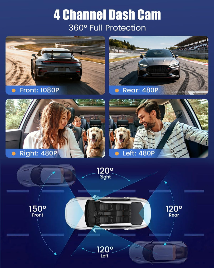 Dashcam Voiture 4 Canaux Avant/Arrière 1080P, Caméra Voiture WiFi avec Carte SD de 64 Go, écran IPS 3", Grand Angle, Vision Nocturne IR 8, Capteur G, Dash Cam Voiture avec Enregistrement en Boucle