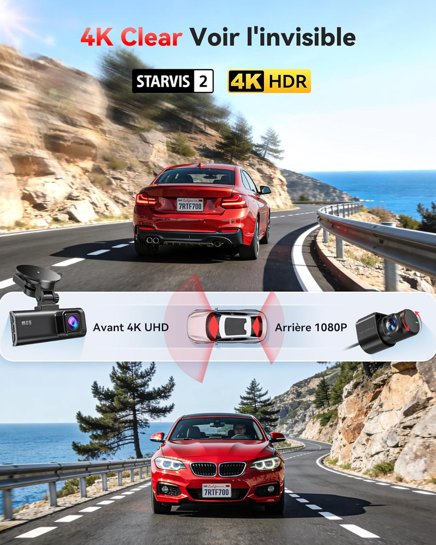 Caméra de tableau de bord de voiture avant et arrière 4K/2,5K avec STARVIS 2, écran IPS 3,18", WiFi 5,8 GHz, GPS, grand angle WDR 170°, sans carte SD, prend en charge 512 Go max (F7NP-N)