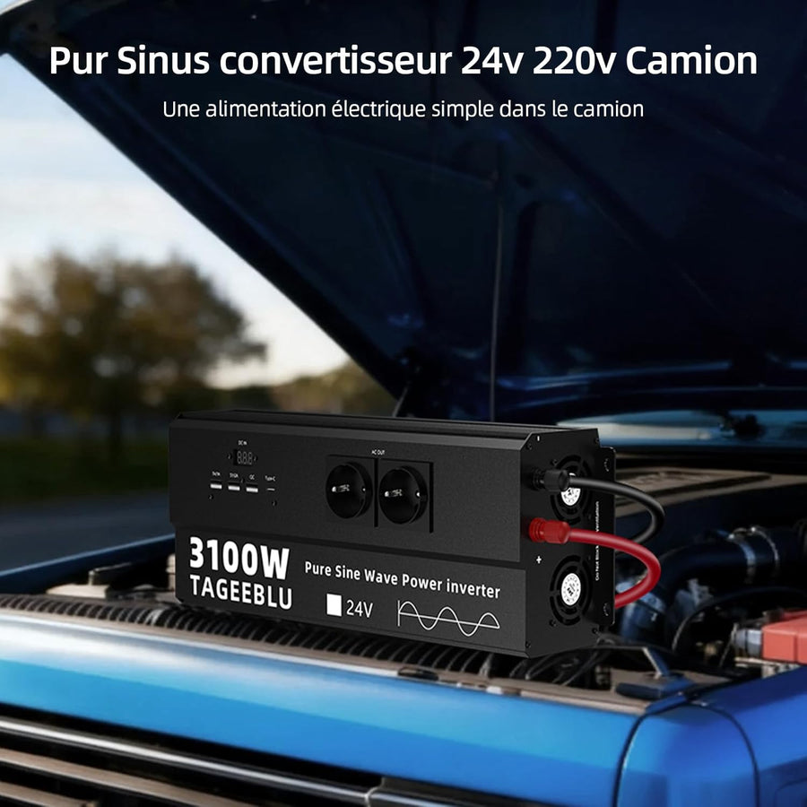 3100W Pur Sinus convertisseur 24v 220v Camion, transformateur 24v 220v, convertisseur pour véhicules avec Clip Alligator, 4 Prises UE et écran LCD