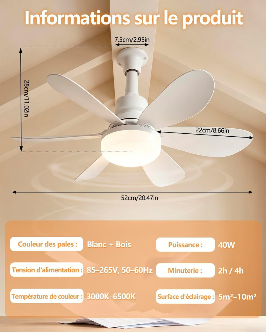 Ventilateur de Plafond avec Lumière, 52CM 40W Petit Ventilateur, avec 2 Jeux de Pales, Douille E27, Silencieux, 3 Vitesses, Telecommande, Zeitgesteuert, Dimmable LED pour Salon Chambre