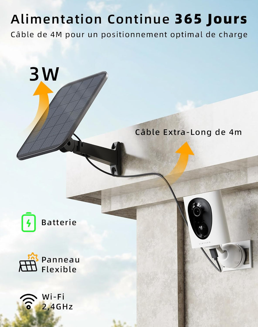 Camera Surveillance 2K WiFi Exterieure sans Fil, Batterie et Panneau Solaire 3W Intégrés, Vision Nocturne Couleur Starlight, Détection PIR, Audio Bidirectionnel
