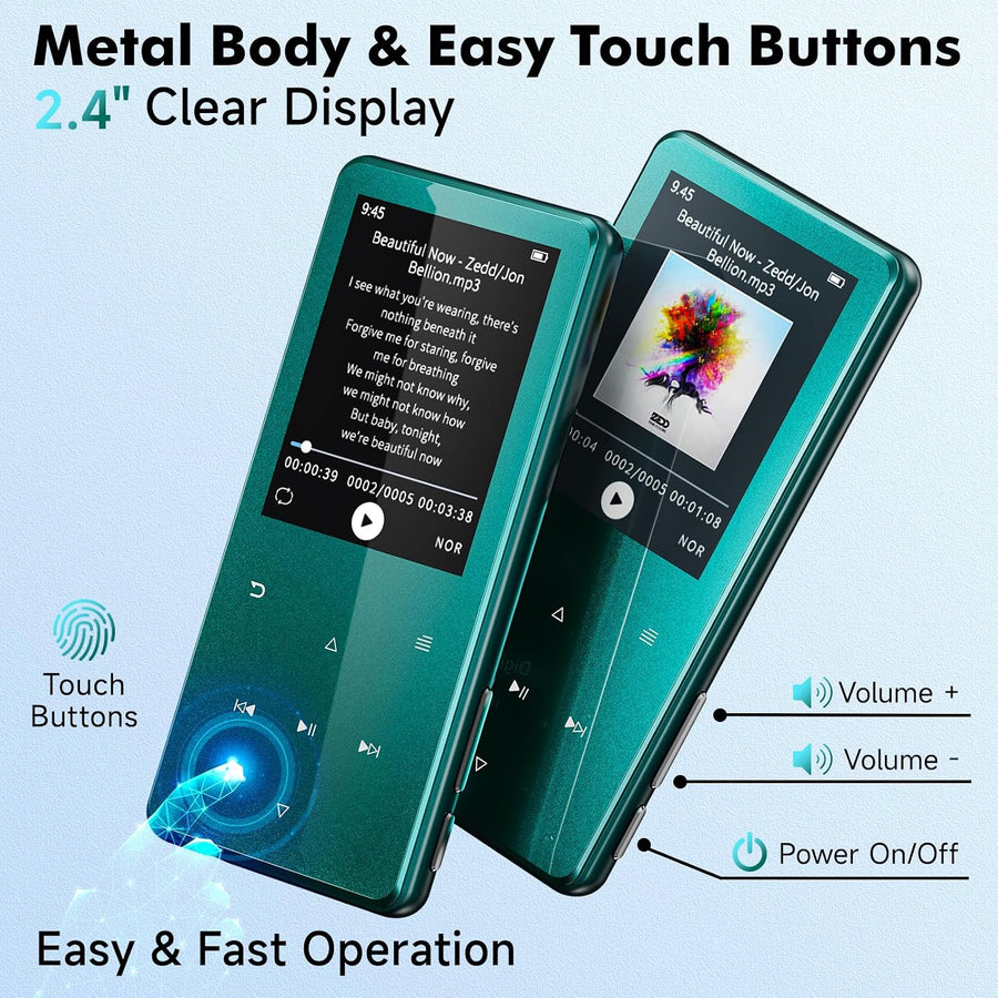 Lecteur MP3 Bluetooth 5.3 64Go écran 2,4" Touches tactiles Haut-Parleur Boîtier en métal, 45 h d'autonomie, 18 sons relaxants, radio FM, extensible jusqu'à 128Go