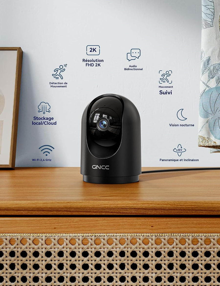 Lot de x4 Caméra Surveillance WiFi Intérieure 2K 3MP 2.4/5GHz, Vision Nocturne Infrarouge, SD/Cloud, 360° PTZ, Audio Bidirectionnel, Détection de Mouvement, Alarme