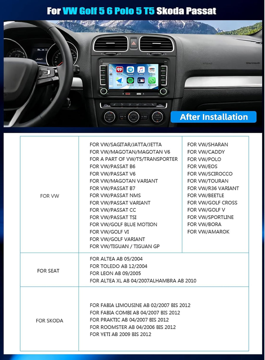 VW Golf 5 CarPlay Autoradio pour VW Golf 6 Polo avec Android Auto, 7'' IPS Ecran Tactile 2 Din Poste Radio Voiture pour Golf 5 avec Bluetooth AM/FM/RDS Mirror Link Deux Ports USB SWC + Canbus