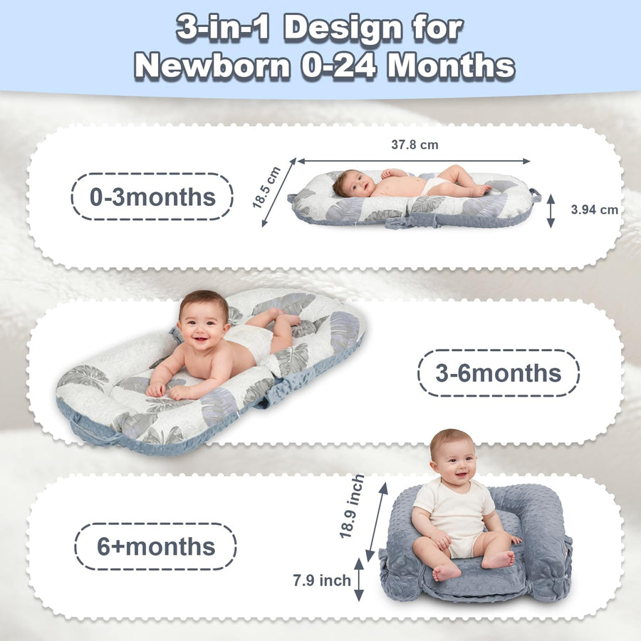 Nid bébé pour nouveau-né, 0 à 24 mois Chaise longue portable 3-en-1, coussin de ventre pliable et soutien assise bébé, housse amovible 100% coton et velours